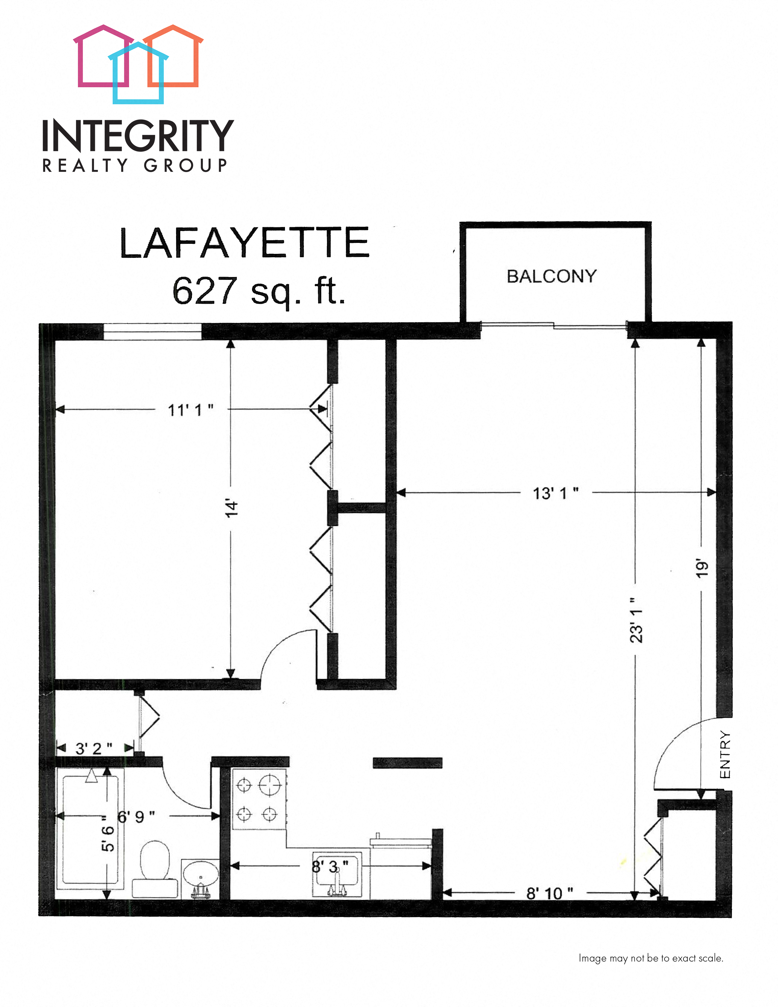 Floor plan for 1 bed, 1 bath, 627 sqft